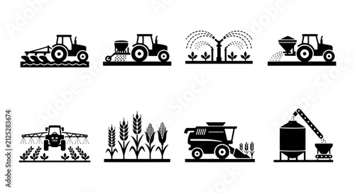 Canvastavla Agricultural Machinery Icons: Tractors, Harvesters, Sprinklers, Silos, Farming E