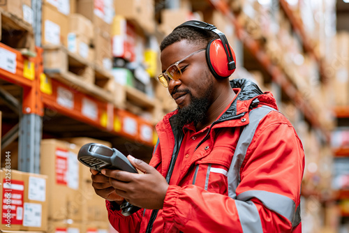 Black warehouse employee with tinted glasses and ear defenders scanning boxes