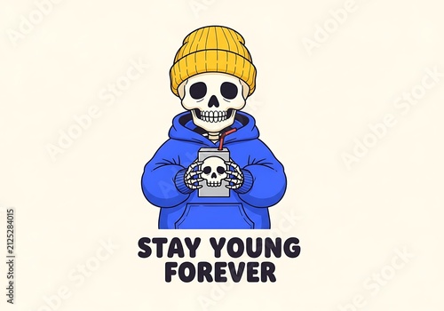 Cartoon Skeleton Wearing Hoodie and Beanie Drinking Juice Box Illustration with Stay Young Forever Quote