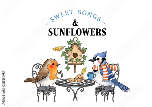 Whimsical Hand-Drawn Illustration of a Robin and Blue Jay Having Coffee at a Garden Cafe