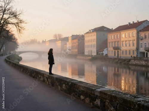 Woman standing by foggy river in morning light