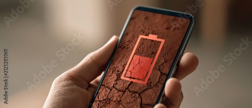 Urgency meets environmental metaphor hand holding phone displaying a red low battery icon over cracked dry earth, perfect for energy depletion, climate crisis, or digital burnout campaigns.