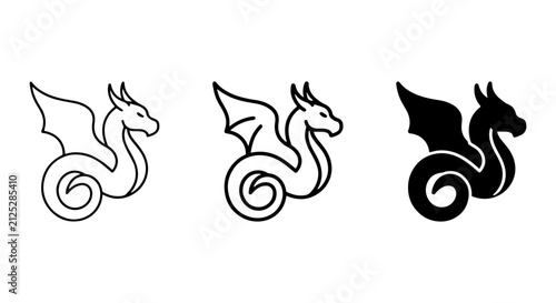Dragon Icon Set, Mythical Creature Vector Graphics, Fantasy Symbol Collection, Black and White Outline
