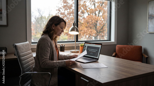 Real Estate Agent Preparing Property Listing Presentation in Modern Office with Autumn Mood
