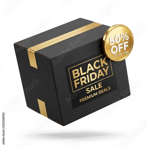 Black Friday Sale Gift Box with Gold Ribbon and 50 Percent Off Badge on White Background