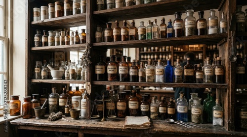 Vintage apothecary jars and bottles on shelves