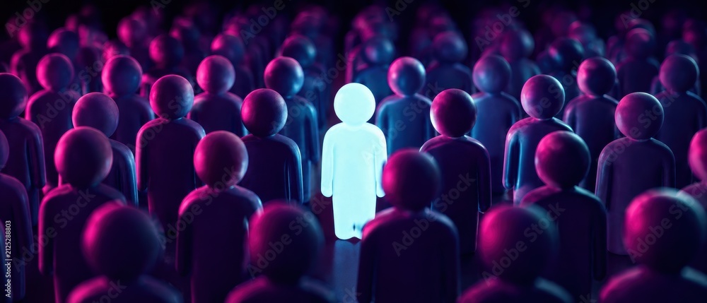 Obraz premium Glowing white human figure stands out in a large crowd of dark purple figures under blue and pink neon lighting