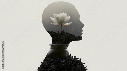 Prompt: An avant-garde minimalist surrealism conceptual portrait. A graceful graceful graceful profile, double-exposed with a dreamscape of an empty ceramic jar filled with a single pristine 
