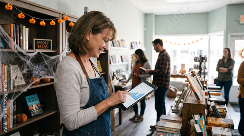 Small Business Owner Checking Sales on Tablet in Retail Store with Halloween Decor
