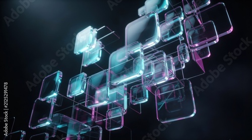 Abstract glowing glass cubes floating in dark space.