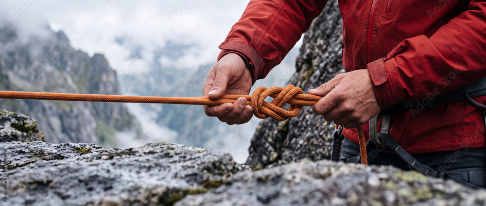 Obraz premium Climber hands tying rope knot on mountain edge showing safety gear and mountaineering teamwork