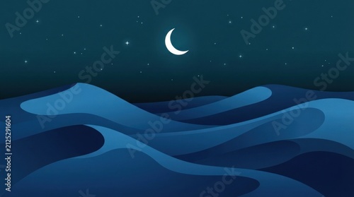 Abstract night desert landscape with blue waves and moon.