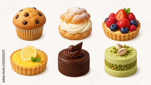 Assorted mini desserts and pastries on white background