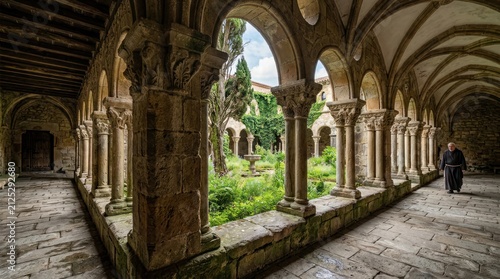 Monk walking through arched cloister garden