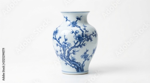 Blue and white floral ceramic vase on white.