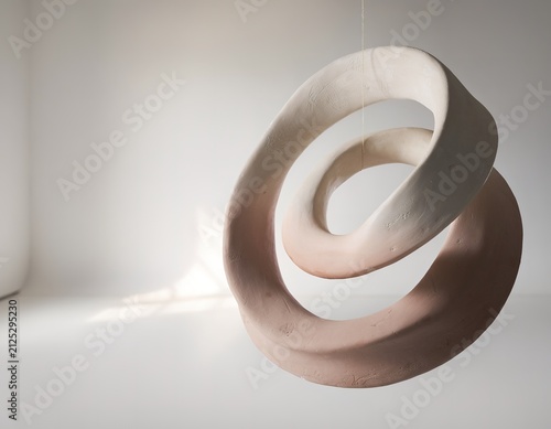 Minimalist ceramic form floats in soft light