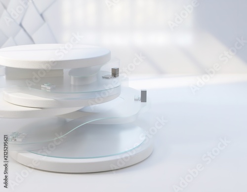Minimalist white display stands with glass layers