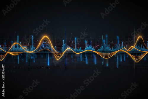 Abstract sound wave visualization featuring vibrant orange light pulses and cyan vertical bars creating modern data analysis aesthetic display.