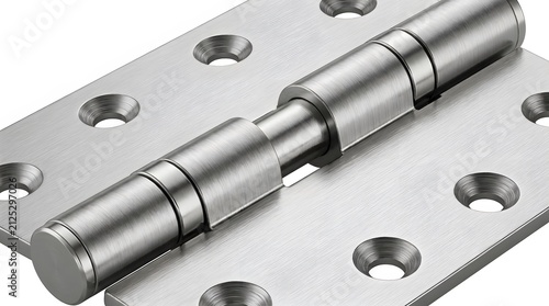 Detailed close-up of a brushed metal door hinge with countersunk screw holes, isolated on a white background, highlighting its texture and robust construction.