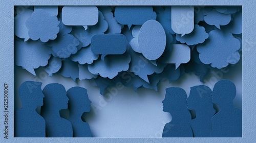 Abstract representation of communication and ideas with speech bubbles and silhouettes.