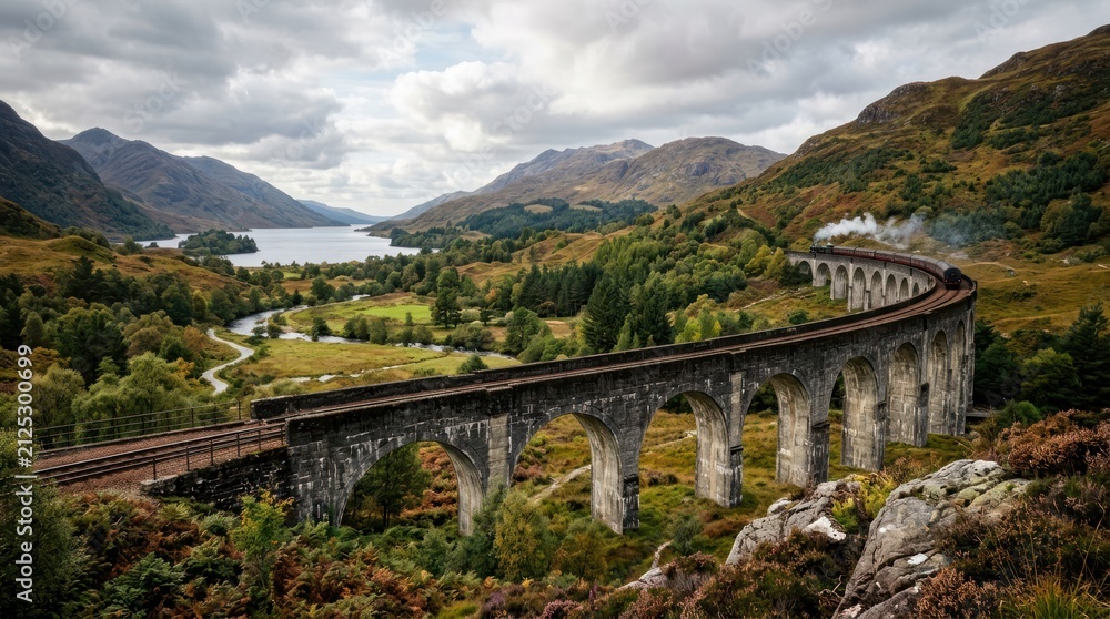 Naklejka premium Scenic train journey across stone viaduct in mountain landscape