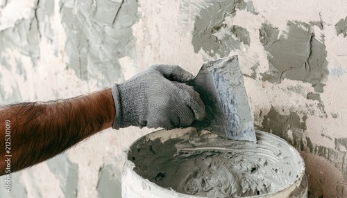 Close-up of a gloved hand mixing cement for construction work.