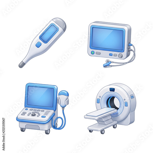 Blue medical devices and diagnostic technology icons