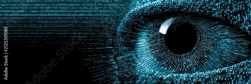 Digital Eye with Binary Code Overlay Representing Futuristic Technology and Surveillance.
