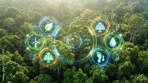 Aerial View of Forest with Ecological Icons Representing Sustainability, Renewable Energy, and Environmental Conservation Concepts