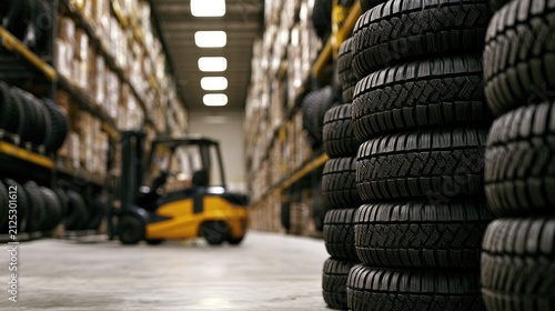 Warehouse Storage of New Tires with Forklift in Background.