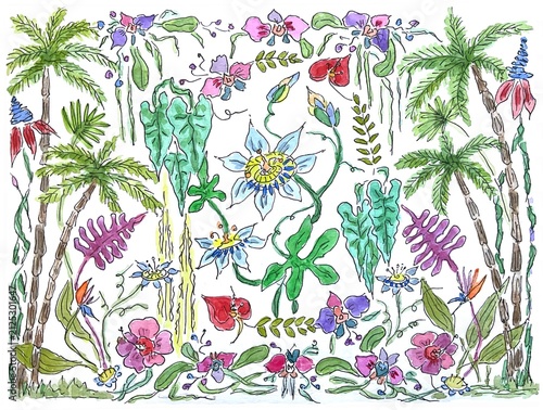Tropical flowers and palms, watercolor illustration