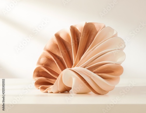 Soft, layered sculpture rests on a minimalist surface