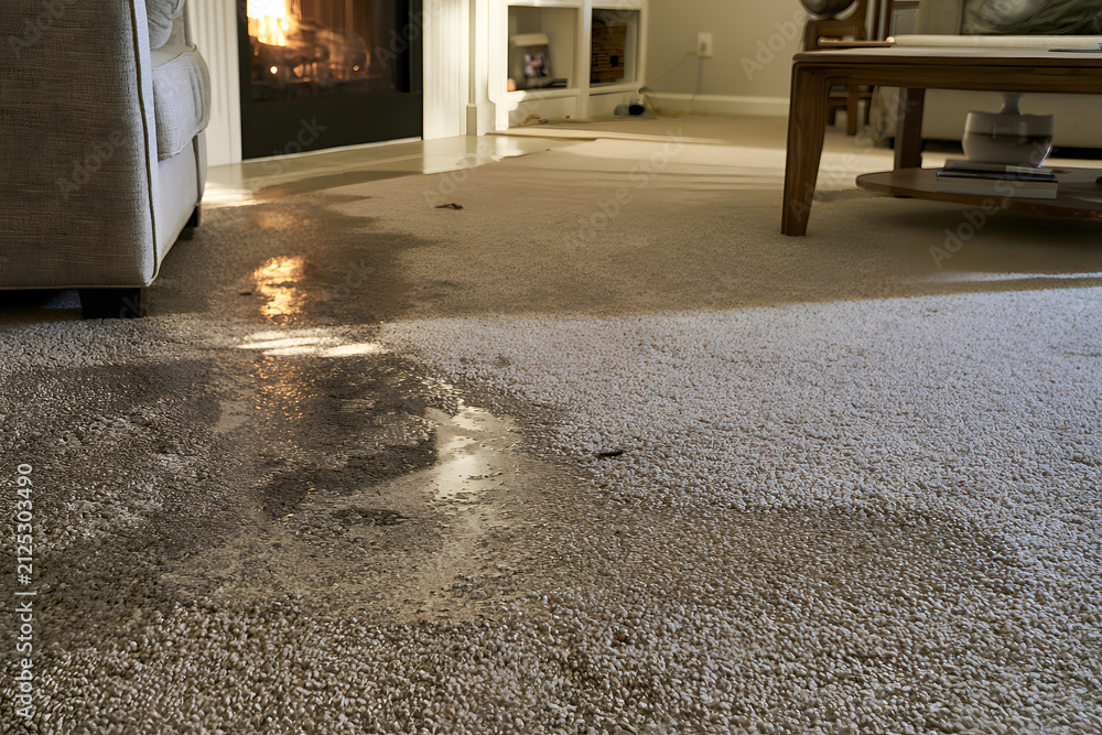 Obraz premium Carpet in the living room near the fireplace is soaked with water
