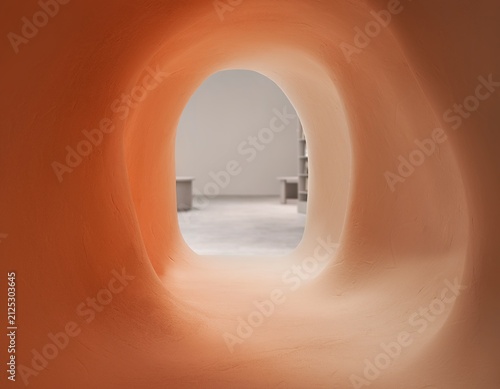 Warm, curved tunnel leads to minimalist room