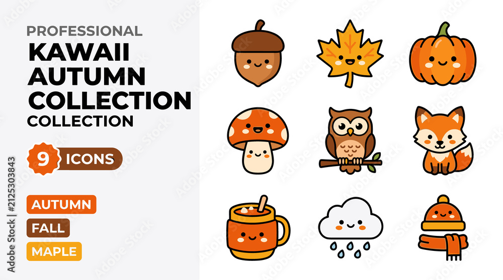 Fototapeta premium Kawaii Autumn Icons Collection With Cute Fox Owl Acorn Maple Leaf Pumpkin Mushroom