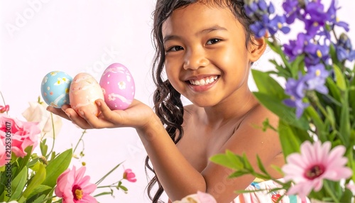 Decorated Easter Eggs Held in Hands Amid Blooming Garden on Light Pastel Background, Spring Holiday Celebration, Tradition and Seasonal Joy Concept