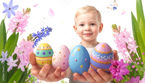 Decorated Easter Eggs Held in Hands Amid Blooming Garden on Light Pastel Background, Spring Holiday Celebration, Tradition and Seasonal Joy Concept