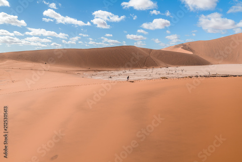 Midday view of Deadvlei in Sossusvlei, Namibia shows apricot dunes around a pale clay pan with dead camel thorn trees. Tiny hikers move along ridges under cumulus clouds.