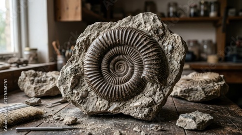 Ancient fossil spiral seashell stone display