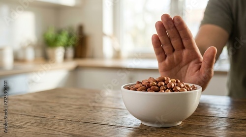 Person showing hand palm gesture to stop or refuse healthy bowl of roasted peanuts on wooden kitchen table representing nut allergy health care food awareness.