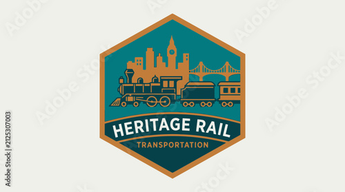 Vintage Heritage Rail Transportation Hexagon Badge with Steam Locomotive and City Skyline