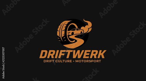 Driftwerk Drift Culture Motorsport Vector Logo Design with Drifting Car Tire and Smoke on Dark Background