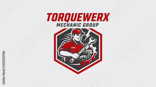 Mechanic Mascot Hexagon Logo for Torquewerx Mechanic Group with Wrench and Engine Icon