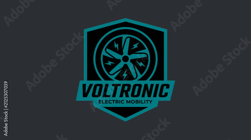 Voltronic Electric Mobility Logo Design Featuring a Car Wheel and Lightning Bolts in a Shield Crest
