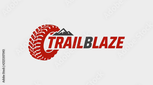Trailblaze Off-road Automotive Logo with Rugged Red Tire and Mountain Peaks Vector Illustration