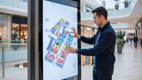 Young man using an interactive digital touchscreen map for wayfinding in a modern shopping mall.