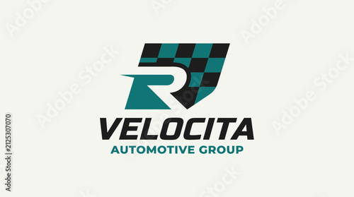 Modern Velocita Automotive Group Logo Design featuring Checkered Flag Pattern for Racing and Speed