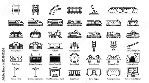 Railway transport line icon set featuring trains tracks stations and signal systems icons.