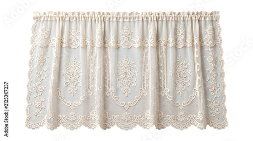 Vintage cream lace window curtain valance with floral roses on a transparent background