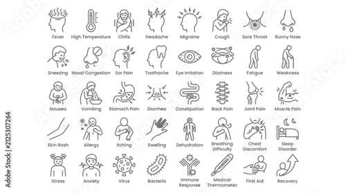 Common symptoms and illnesses line icons, health and medical linear pictograms.